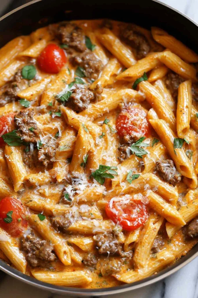 One pot creamy tomato beef pasta