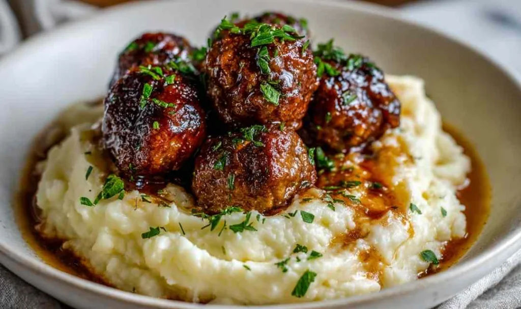 Salisbury Steak Meatballs With Garlic Herb Mashed Potatoes