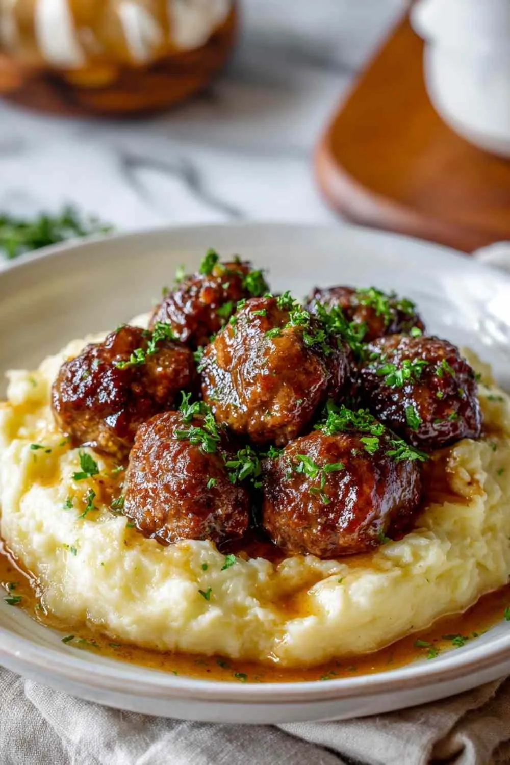 Salisbury Steak Meatballs With Garlic Herb Mashed Potatoes