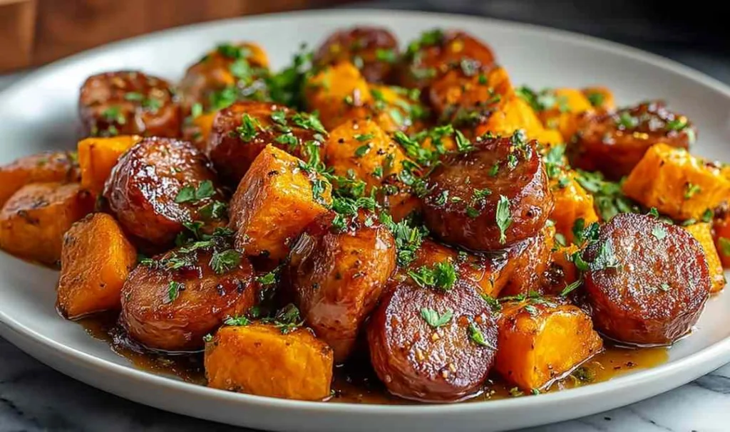 Sausage and Sweet Potatoes with Honey Garlic Sauce