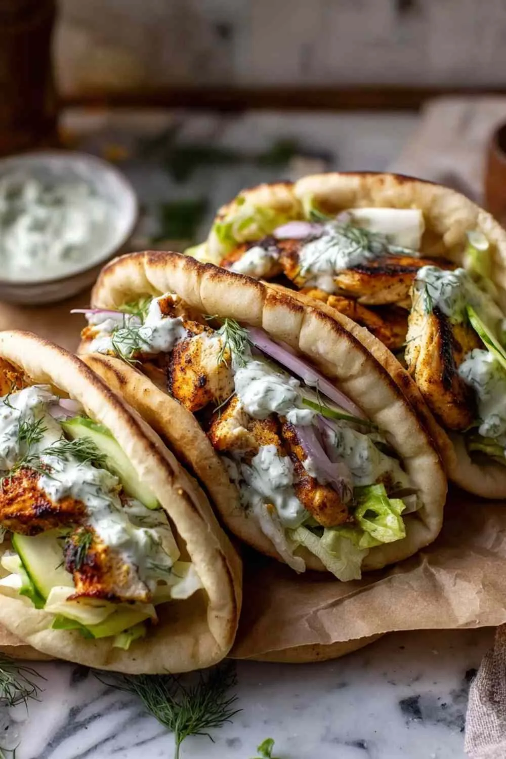 Sheet pan chicken pitas with herby ranch slaw and avocado on warm pita bread