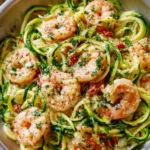 Shrimp scampi with zoodles in white bowl with parmesan cheese and lemon garnish