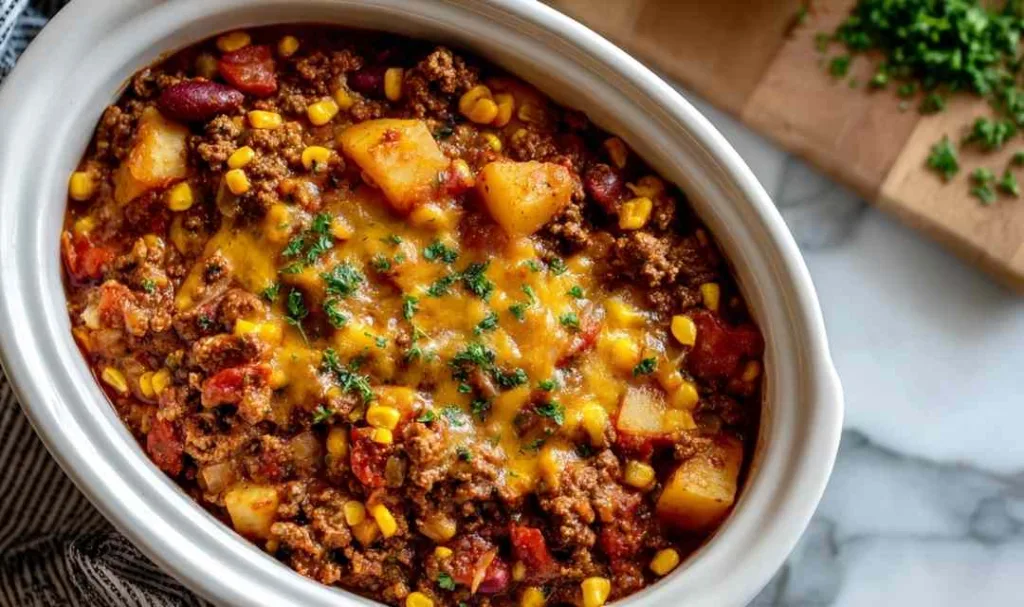 Slow Cooker Cowboy Casserole in white bowl topped with melted cheese and chives