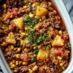 Slow Cooker Cowboy Casserole in white bowl topped with melted cheese and chives