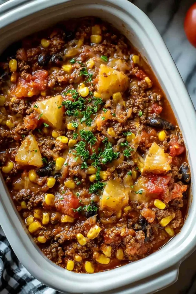 Slow Cooker Cowboy Casserole in white bowl topped with melted cheese and chives