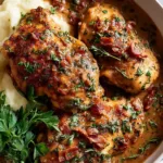 Smothered chicken recipe with golden fried chicken breasts covered in creamy bacon gravy