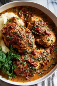 Smothered chicken recipe with golden fried chicken breasts covered in creamy bacon gravy