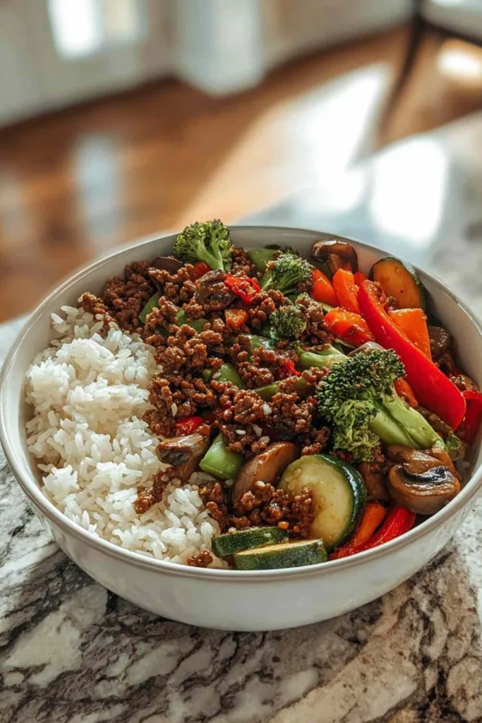 Spicy ground beef stir-fry bowl with colorful vegetables and steamed rice in white bowl