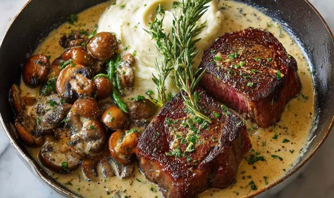 Steak with Bourbon Garlic Cream Sauce