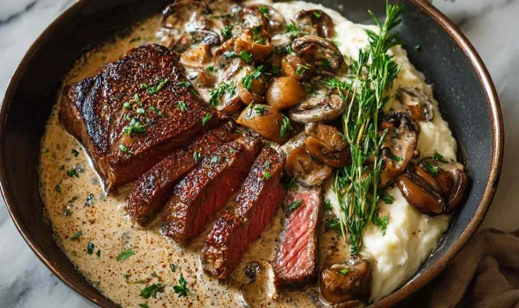 Steak with Bourbon Garlic Cream Sauce