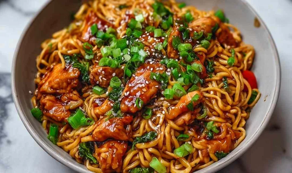 Sticky garlic chicken noodles in white bowl with chopsticks and sesame seeds