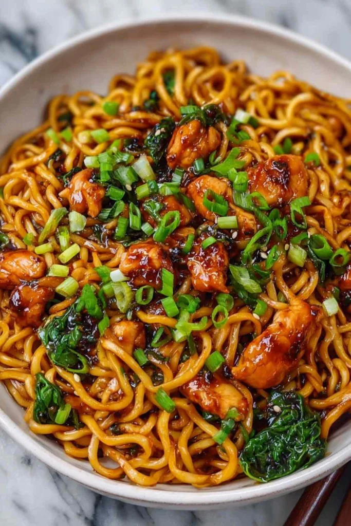 Sticky garlic chicken noodles in white bowl with chopsticks and sesame seeds