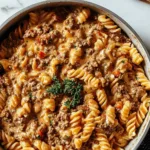 Stovetop creamy ground beef pasta in a large skillet with melted parmesan cheese and herbs