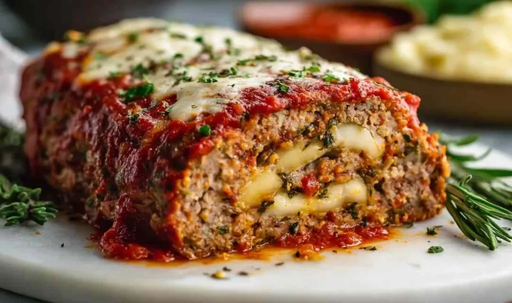 Sliced stuffed Italian meatloaf showing melted mozzarella cheese center