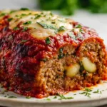 Sliced stuffed Italian meatloaf showing melted mozzarella cheese center