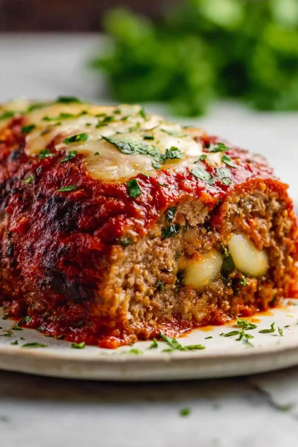 Sliced stuffed Italian meatloaf showing melted mozzarella cheese center