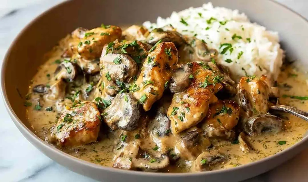 Golden brown chicken pieces cooking in skillet for stroganoff