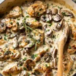 Chicken stroganoff over egg noodles with fresh parsley garnish