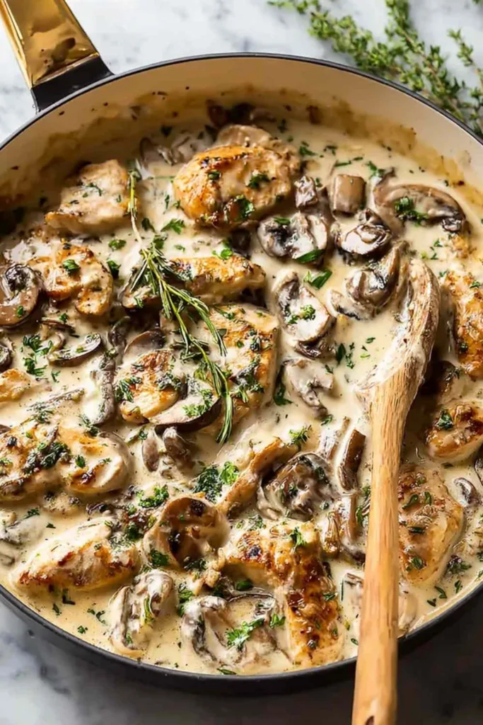 Chicken stroganoff over egg noodles with fresh parsley garnish