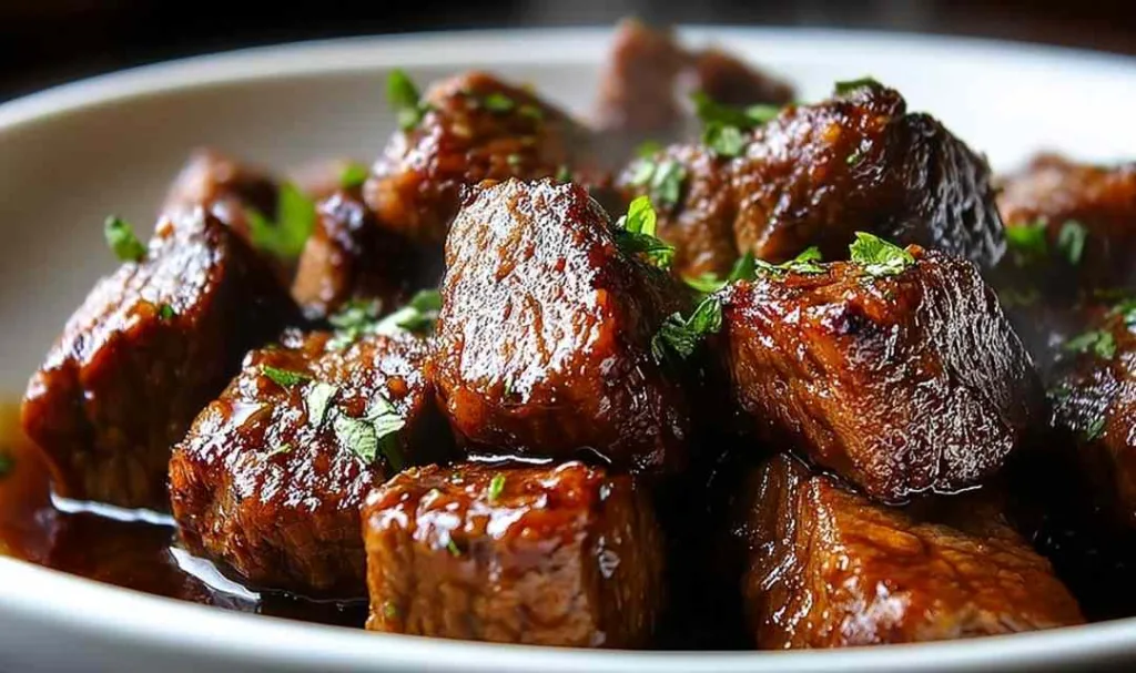 5-Ingredient Crockpot Steak Bites in rich gravy