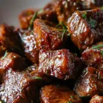 5-Ingredient Crockpot Steak Bites in rich gravy