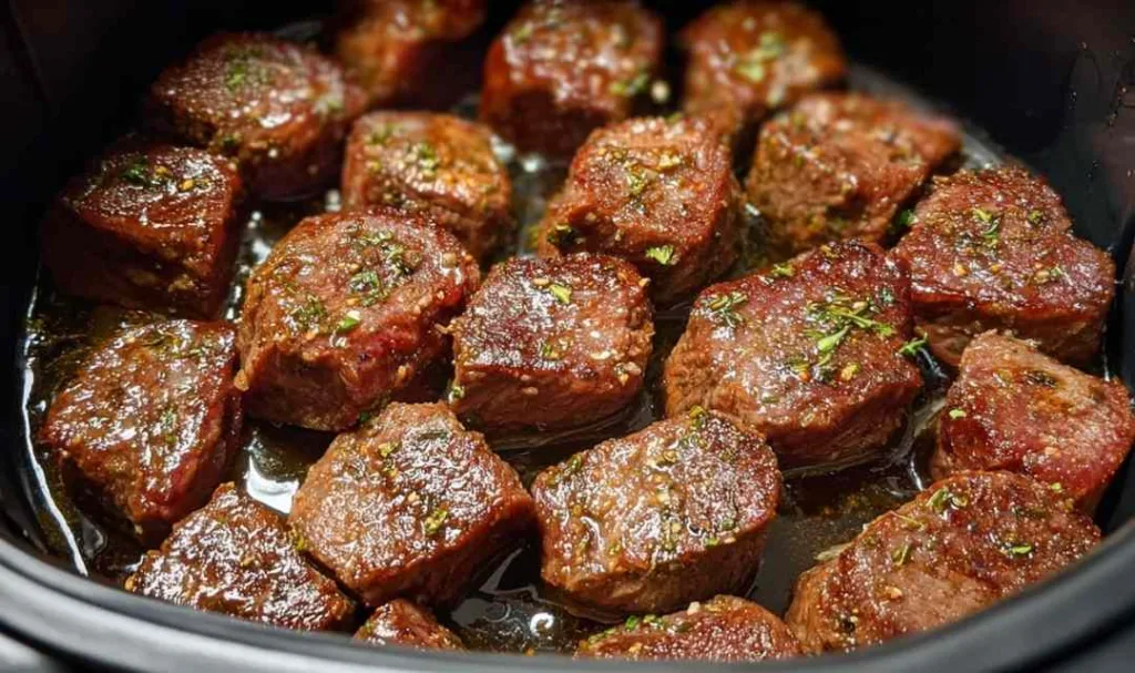 Air Fryer Garlic Butter Steak Bites with golden sear