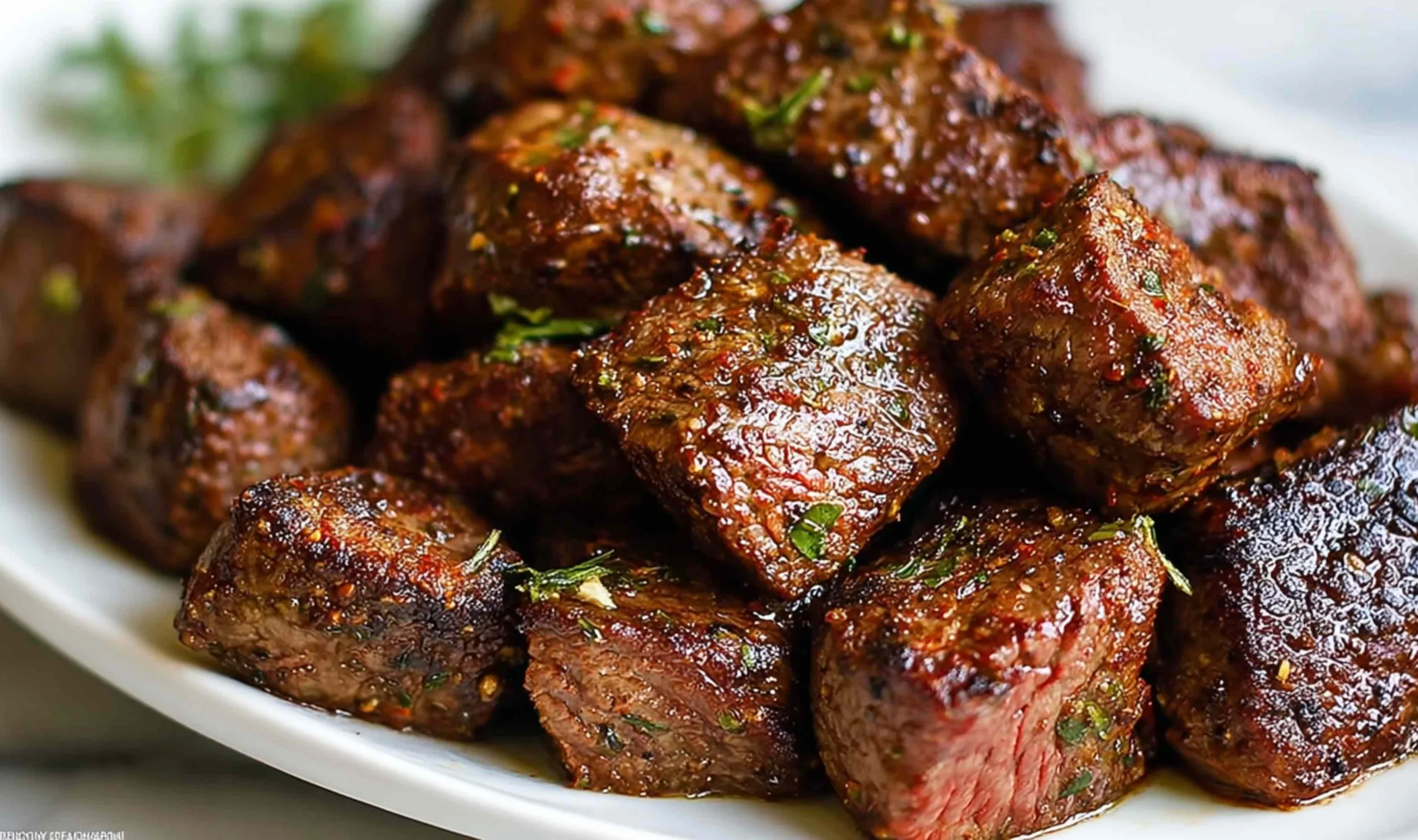 Air fryer juicy steak bites with crispy seared edges on white plate