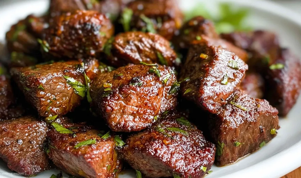 Raw marinated steak bites in air fryer basket before cooking