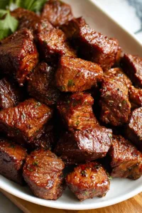 Air fryer steak bites served with dipping sauces and vegetables
