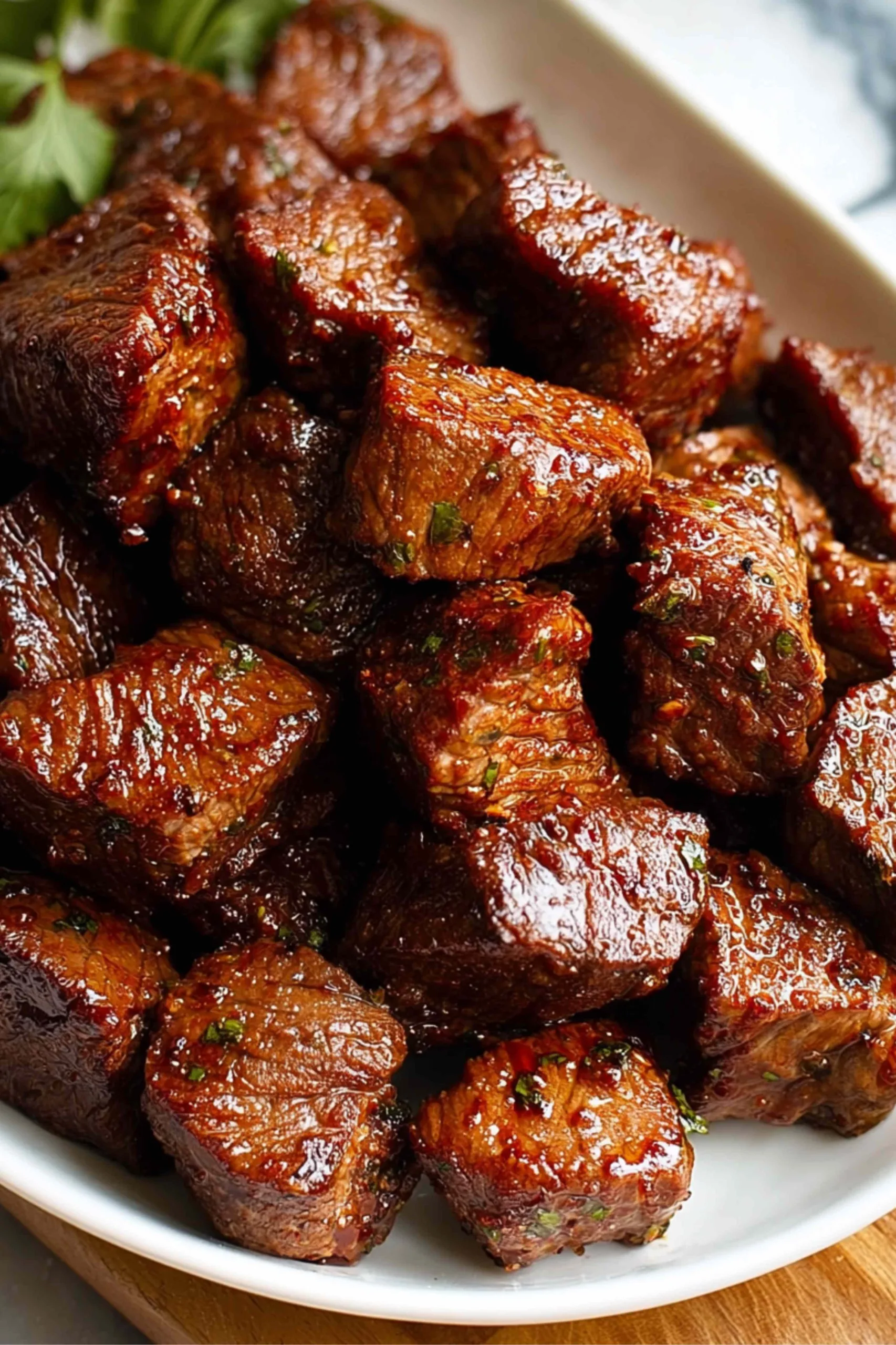 Air fryer steak bites served with dipping sauces and vegetables