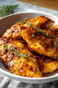 Sliced maple glazed chicken breast showing juicy interior texture