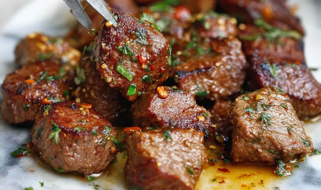 Air Fryer Steak Bites tossed in garlic butter with fresh parsley