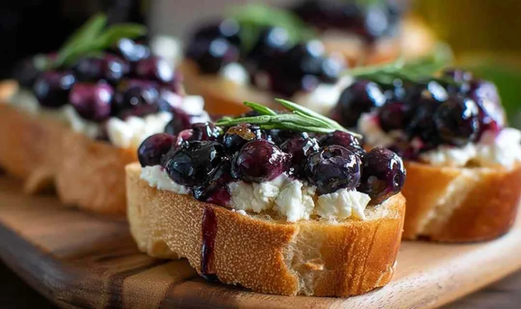 Balsamic blueberry goat cheese crostini on serving platter