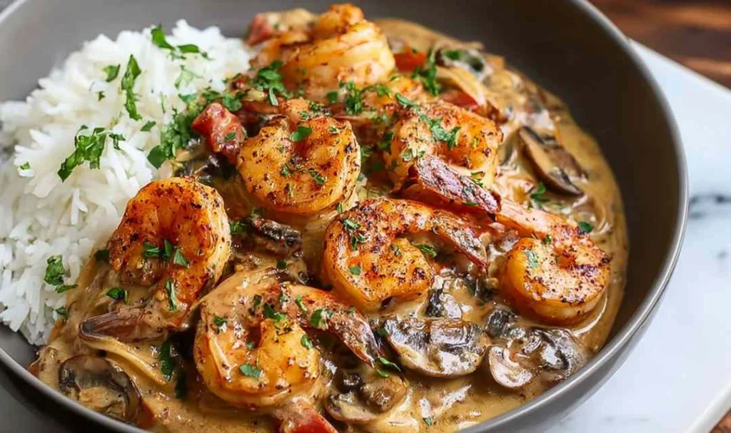 Cajun seasoned shrimp cooking in cast iron skillet for blackened shrimp stroganoff