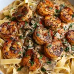Creamy stroganoff sauce with mushrooms and red peppers in frying pan
