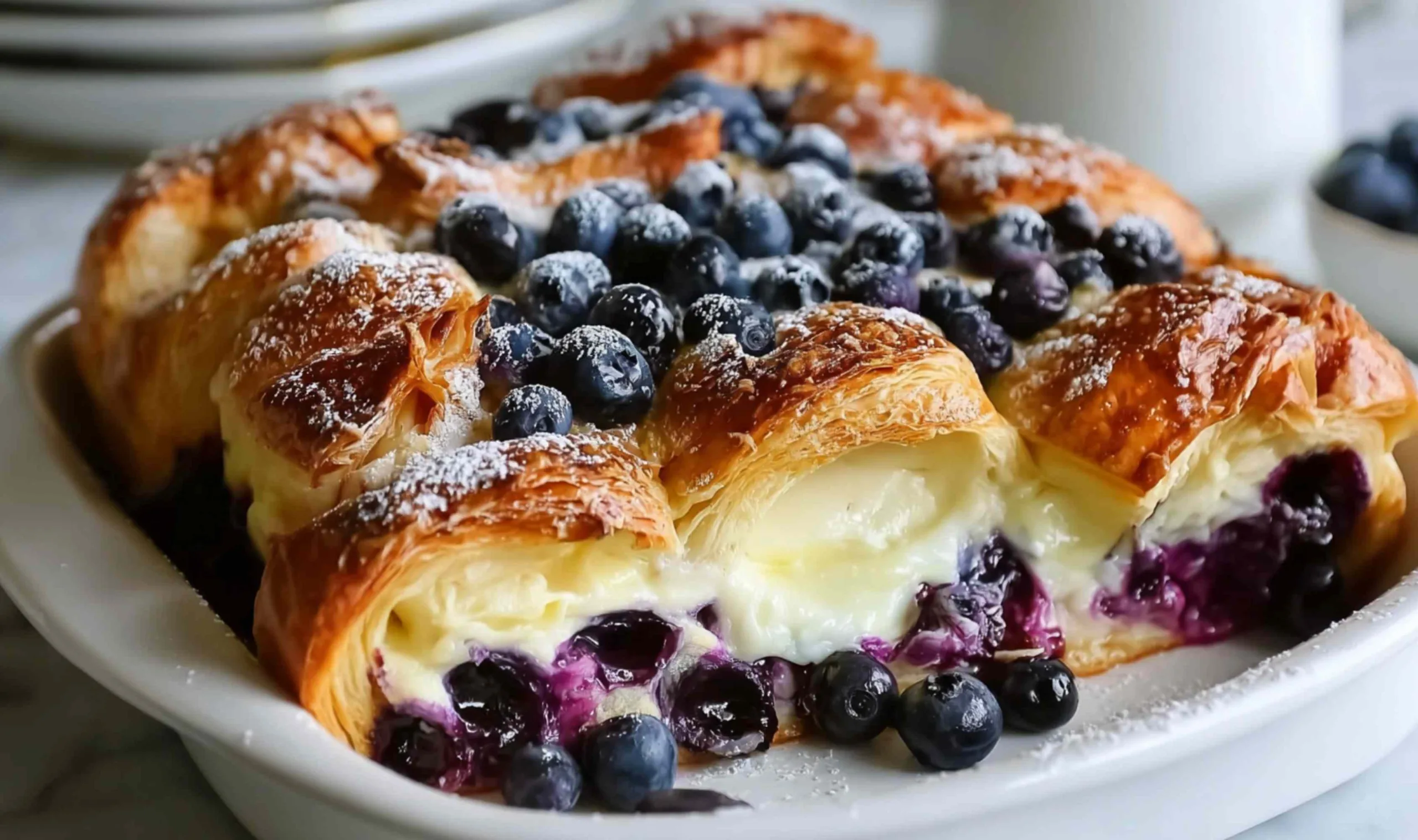 Blueberry Cream Cheese Croissant Casserole with golden top in baking dish