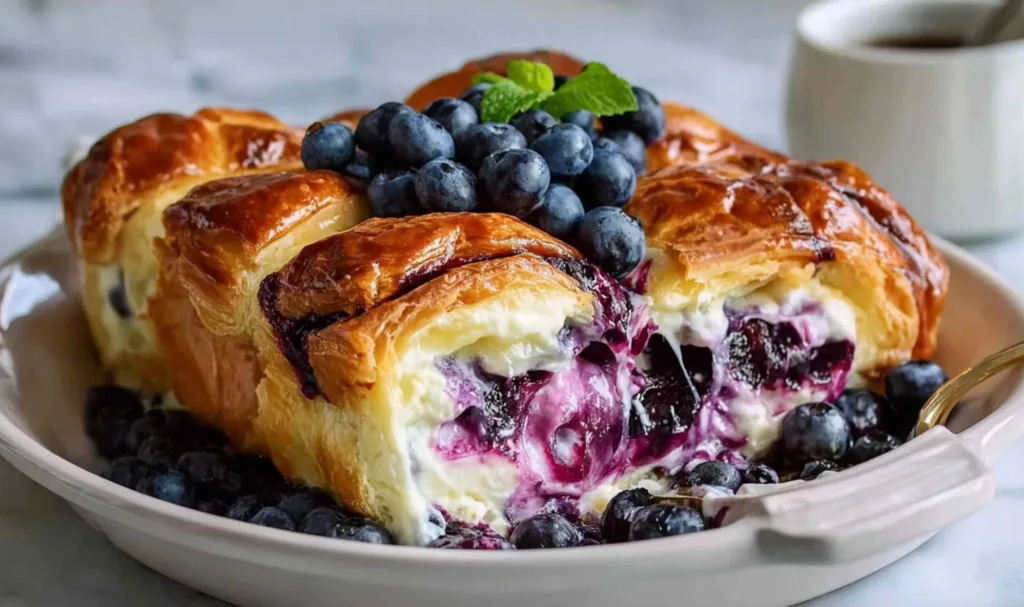 Slice of Blueberry Cream Cheese Croissant Casserole on white plate with fork
