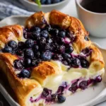 Blueberry Cream Cheese Croissant Casserole dusted with powdered sugar