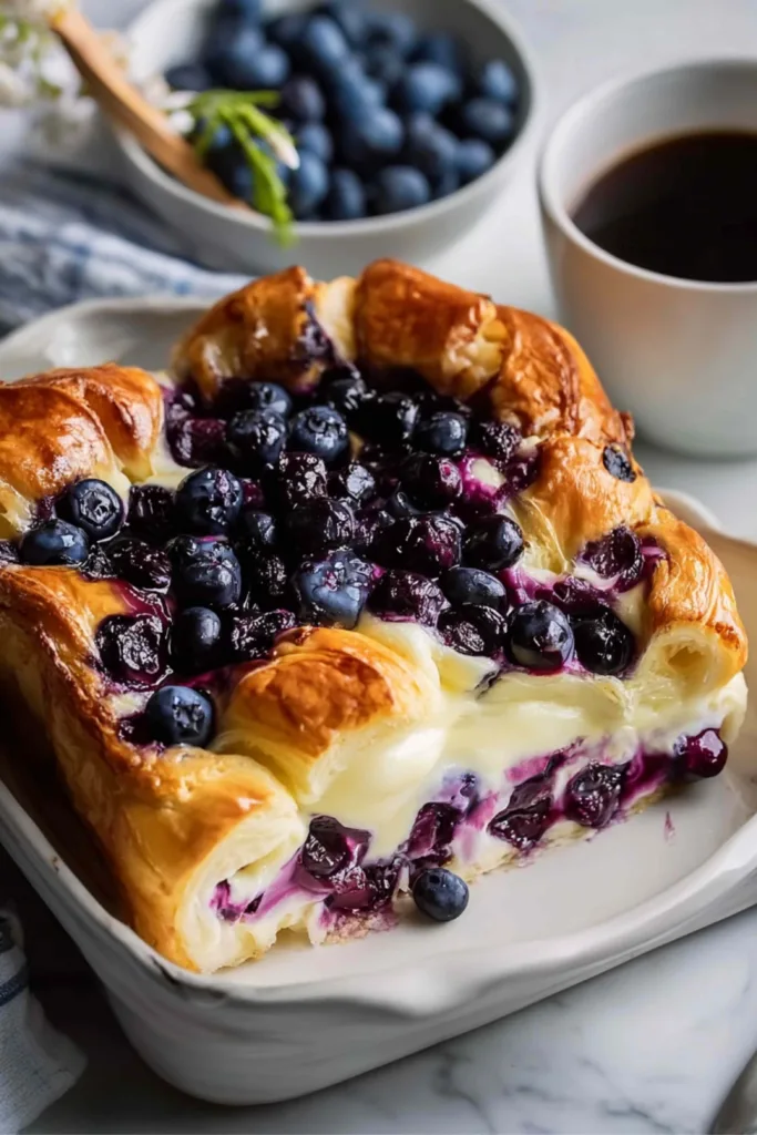 Blueberry Cream Cheese Croissant Casserole dusted with powdered sugar