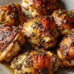 Sliced boneless skinless chicken thighs served on plate with vegetables