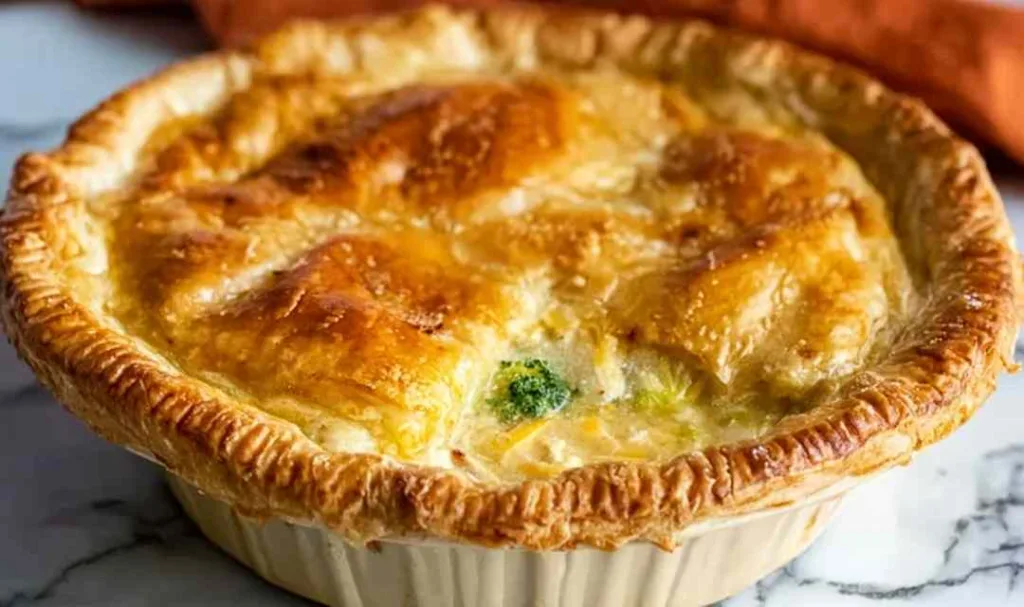 Slice of chicken pot pie showing creamy cheddar filling with broccoli and chicken