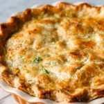 Slice of chicken pot pie showing creamy cheddar filling with broccoli and chicken