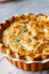 Slice of chicken pot pie showing creamy cheddar filling with broccoli and chicken