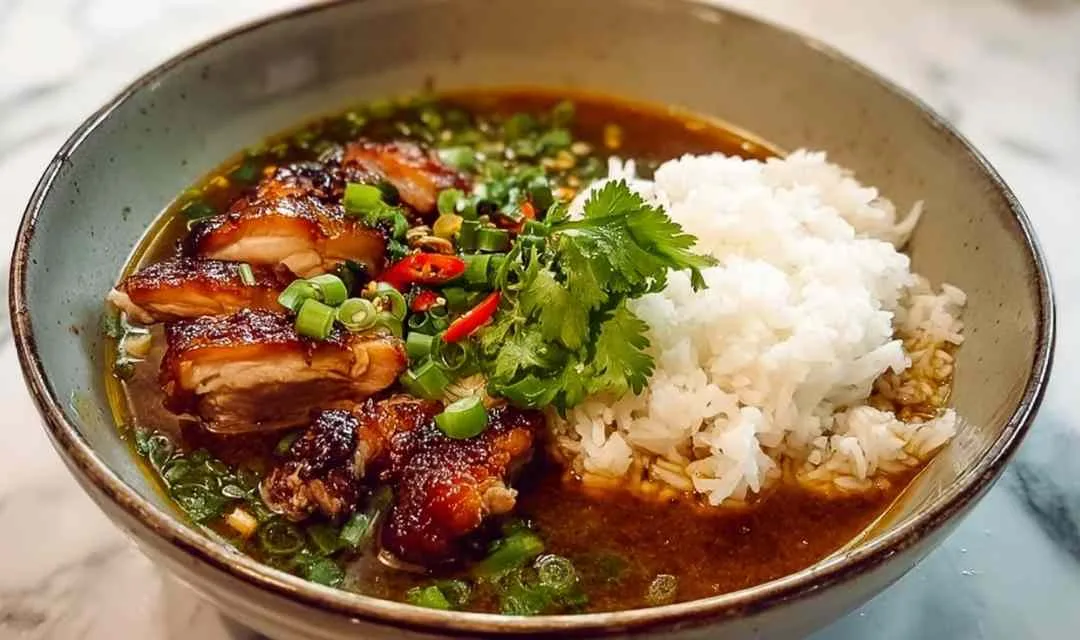 Caramelised soy chicken in garlic ginger broth served over white rice in blue bowl