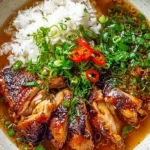 Overhead view of caramelised soy chicken dinner with rice chopsticks and green onions