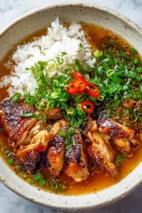 Overhead view of caramelised soy chicken dinner with rice chopsticks and green onions