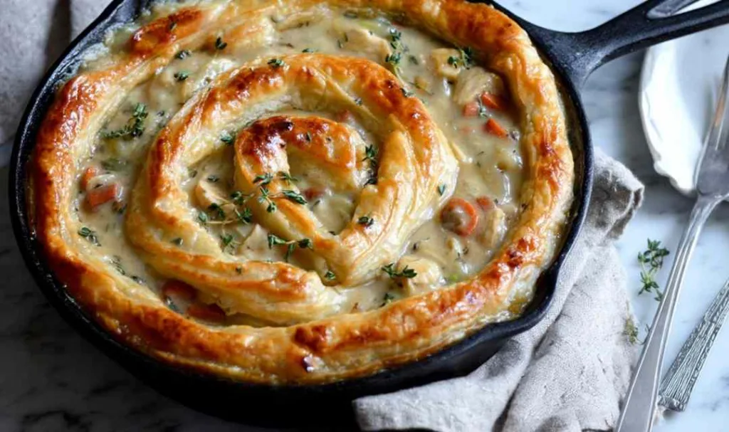 Creamy chicken pot pie filling with mushrooms carrots and peas in cast iron skillet