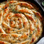 Serving of cast iron skillet chicken pot pie with flaky pastry and creamy filling on plate