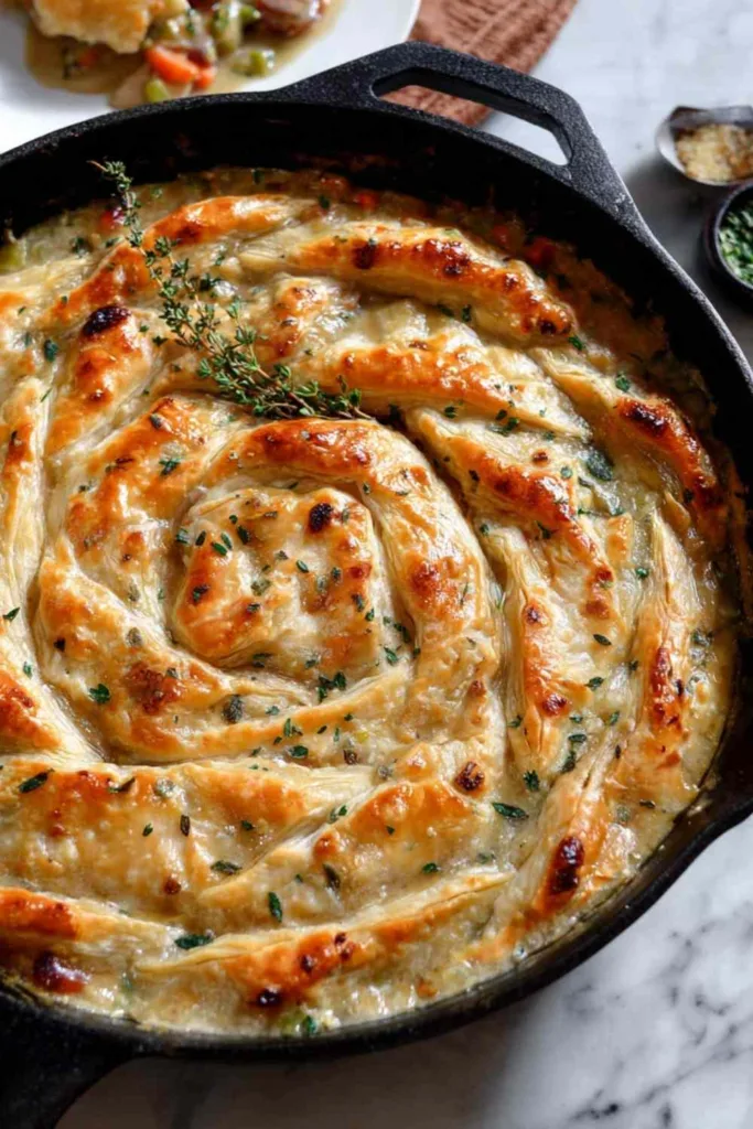 Serving of cast iron skillet chicken pot pie with flaky pastry and creamy filling on plate
