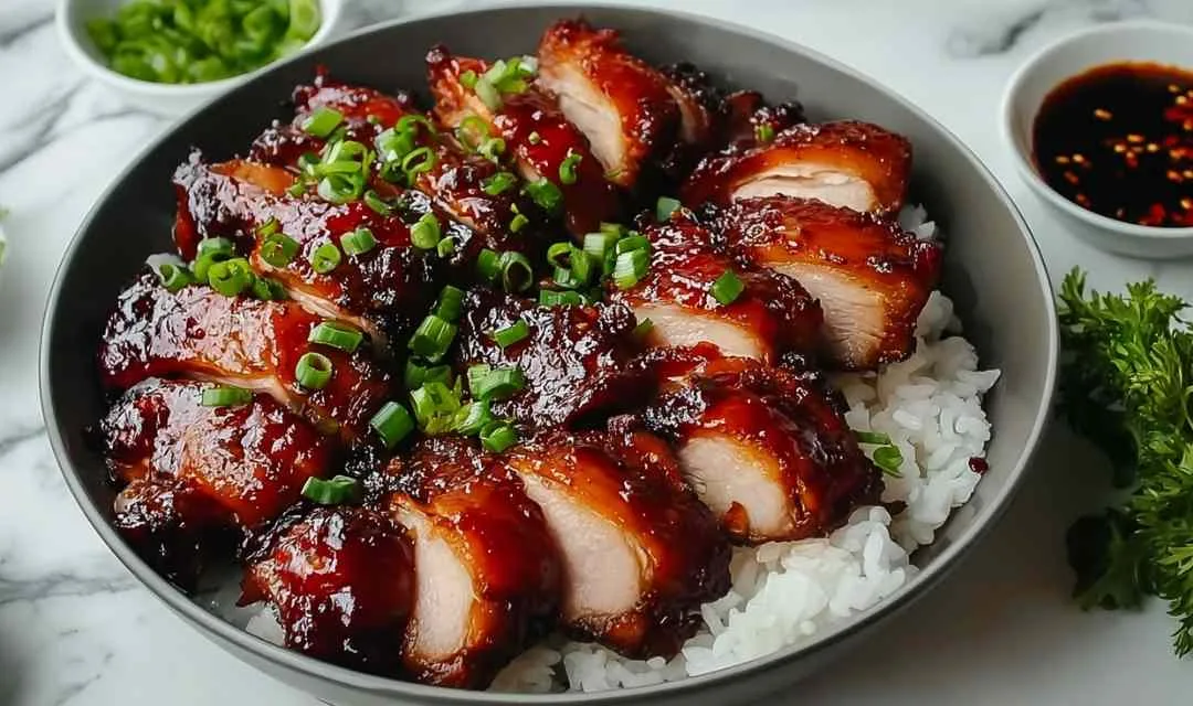 Char siu chicken with glossy caramelized glaze and sesame seeds on white plate